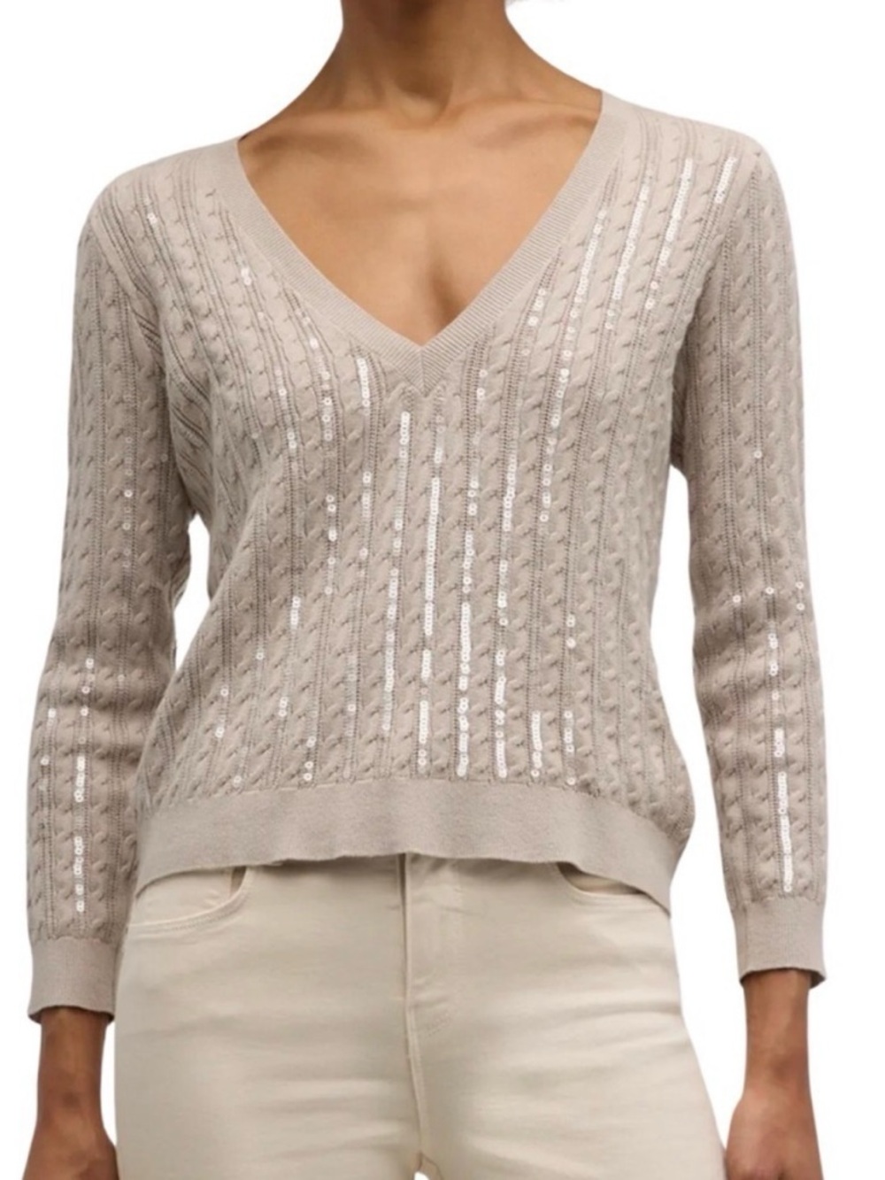 L'Agence Trinity Sequin Long Sleeve V Neck Tan Cable Knit Sweater XS